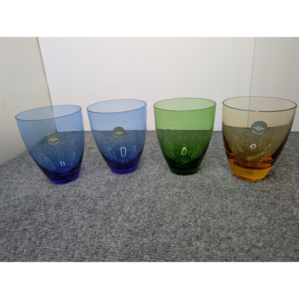 Set Of 4 Assorted Color Lenox Glass Tumbler Glasses Stemless Blue Yellow Green
